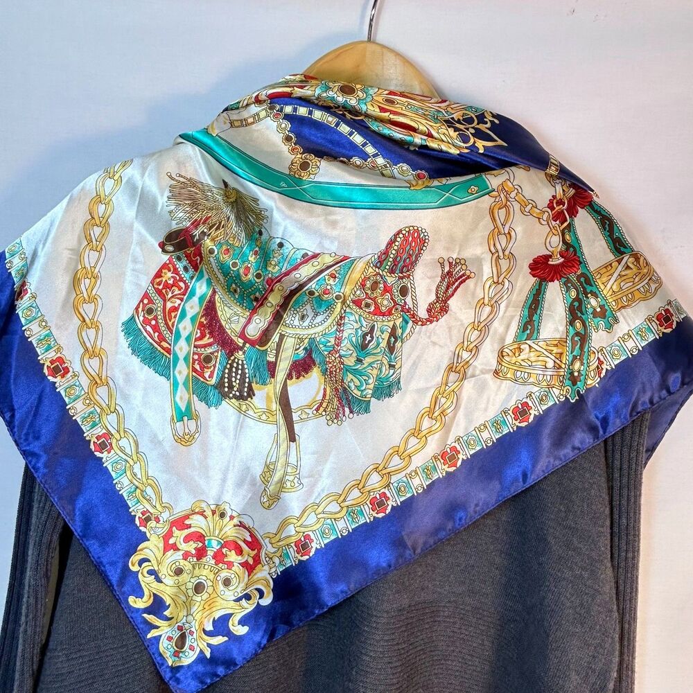 MOSI Women's Royal Blue Red Gold Saddle Chain Print Polyester 35" Square Scarf